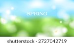 Spring soft blurred background. Natural landscape with blue sky, white clouds, green field, grass. White unfocused flowers. 