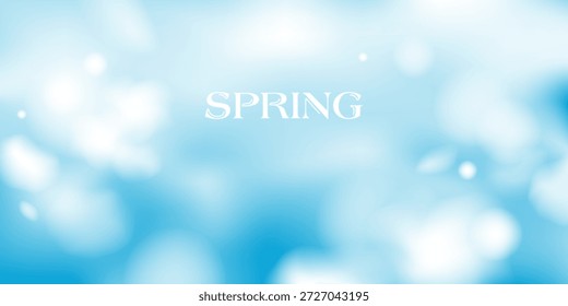 Fondo borroso suave de la primavera. Paisaje natural con cielo azul, nubes blancas, pétalos voladores. Flores blancas desenfocadas. 