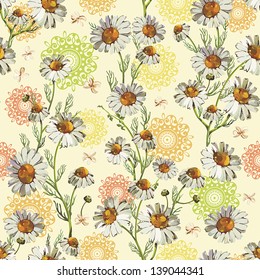Primavera flores macias sobre fundo sem costura. Textura de ilustração vetorial de elegância abstrata com daisywheel
