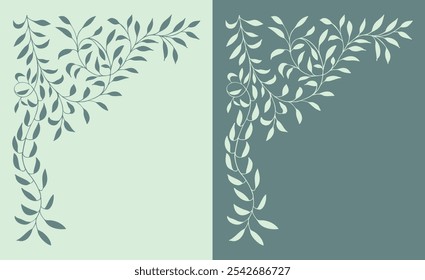 Spring soft, muted background, frame of floral tree branch, leaf, plants. Elegant, aesthetic, stylish elements for Decoration. Hand drawing doodles of vintage botanical elements. Space for text