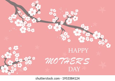 Spring soft pink greeting card, poster, banner congratulations on mother's Day. Branches of white Japanese cherry blossoms. Vector graphics