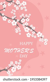 Spring soft pink greeting card, poster, banner congratulations on mother's Day. Branches of white Japanese cherry blossoms. Vector graphics