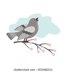 Spring songbird on a branch. Vector, white background, pastel colors.