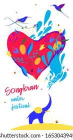 Spring Songkran festival. Happy party in Thailand. Template banner poster, flyer with text Songkran. Vector illustration.