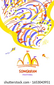 Spring Songkran festival. Happy party in Thailand. Template banner poster, flyer with text Songkran. Vector illustration.