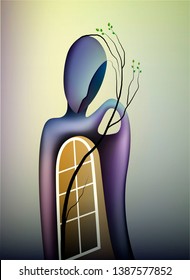 spring in soul concept, shape of memories, man with open window and branch of tree growing inside,  contemporary spring art idea, vector