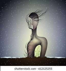 spring soul, surrealistic woman statue, woman shape with plant growing inside, surrealism, vector