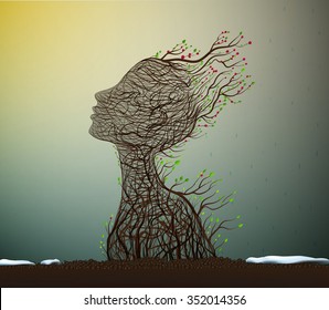 spring soul, tree branch looks like a woman's head stretching her face to the sun, nature icon concept, plant life, surrealism, vector