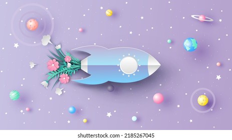 La nave espacial de primavera está viajando al cosmos. Nave espacial con flores. corte de papel y estilo artesanal. vector, ilustración.