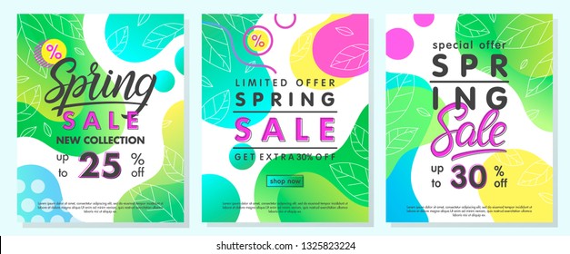 Spring special offer banners.Trendy promo layouts with gradient backgrounds,fluid shapes and geometric elements in memphis style.Sale posters perfect for prints, flyers,banners,promos,special offers