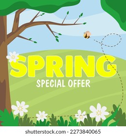 Spring special offer. Bee flying near trees and flowers in meadow. Illustration