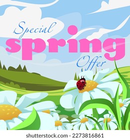 Spring special offer. Ladybug sitting on chamomile flower in meadow under blue sky. Illustration