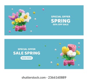 Frühjahrs-Special bieten Plakatvorlagen mit Frühlingsblumen, 3D-realistische Vektorgrafik. Frühjahrsverkauf Werbeflyer oder Web-Header Design.