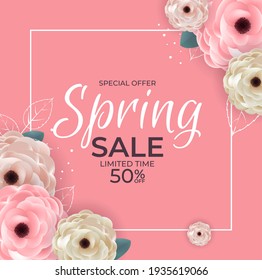 Spring Special Offer Sale Background Poster Natural Flowers and Leaves Template. Vector Illustration EPS10