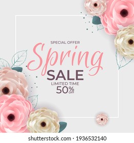 Spring Special Offer Sale Background Poster Natural Flowers and Leaves Template. Vector Illustration EPS10