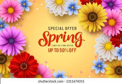 Spring Special Offer Vector Banner Background With Spring Season Sale Text And Colorful Chrysanthemum And Daisy Flowers Elements In Yellow Background. Vector Illustration.
