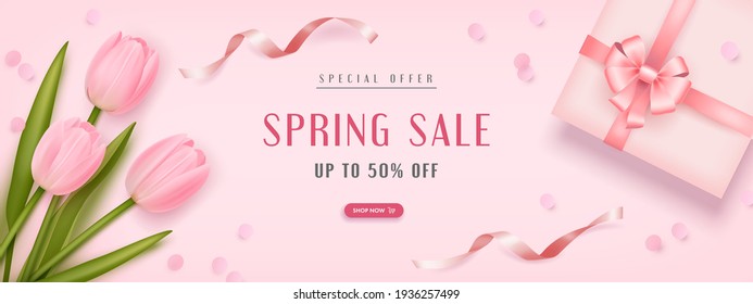 Spring special offer vector banner background with spring season sale text, tulip flowes and gift box. Can be used for banners, wallpaper, flyers, voucher discount. Vector illustration