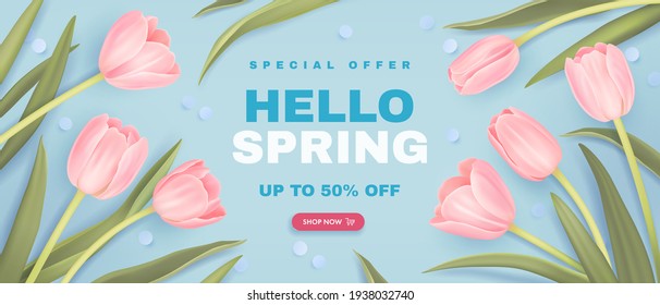 Spring special offer vector banner background with spring season sale text and tulip flowes. Can be used for web banners, wallpaper, flyers, voucher discount. Vector illustration