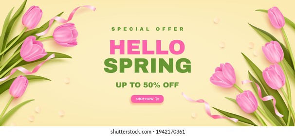 Spring special offer vector banner background with spring season sale text and tulip flowes. Can be used for web banners, wallpaper, flyers, voucher discount. Vector illustration