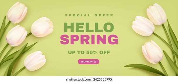 Oferta especial de primavera vector banner de fondo con texto de venta de temporada de primavera y flores de tulipán. Se puede utilizar para banners web, papel pintado, volantes