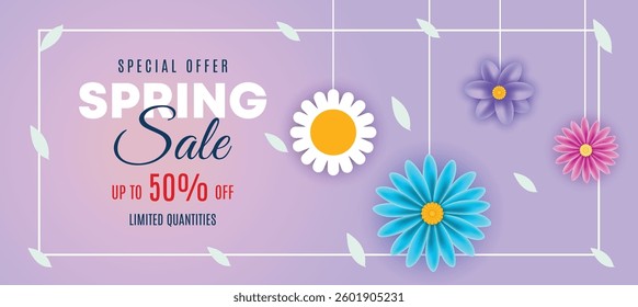 Spring special offer vector banner background with spring season sale text and flower.