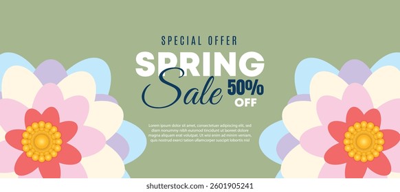 Spring special offer vector banner background with spring season sale text and flower.
