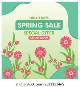 Oferta especial de vendas da primavera. Flores florescendo na primavera. Conceito de primavera florescente. Ilustração de vetor plano.