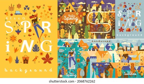 Spring, springtime. Big set. Collection of vector illustrations. Simple, flat design. Patterns and backgrounds. Perfect for poster, cover, banner.