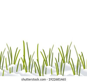 Spring sprouts, first shoots in the snow. Green plant growing. Vector illustration. Seamless border.
