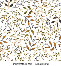 Spring sprouts pattern seamless design. Rustic herb branches wallpaper. Textile graphic design. Natural stalk sprouting plant pattern background. Garden ornament.