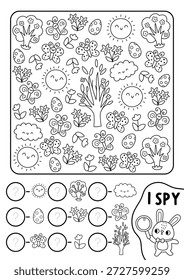 Primavera espía juego en blanco y negro para niños. Buscando y contando la actividad de la línea con el sol, árboles en flor, mariposas, huevos, flores. Hoja de trabajo imprimible, página para colorear. Puzzle de manchado de vacaciones de Pascua
