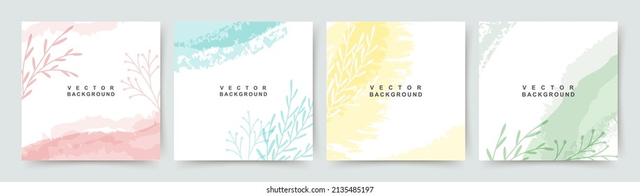 Spring square backgrounds. Minimal style with floral elements and watercolor texture. Editable vector template for card, banner,  invitation, social media post, poster, mobile apps, web ads