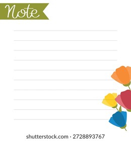 Spring square blank paper with colorful flowers. Vector template for note, sticker, to do list, diary, home or office.