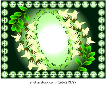 spring square card, green with white flowers of acacia tree, and green leaves