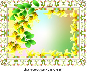 tarjeta cuadrada primaveral, multicolor con flores amarillas de árbol de acacia, y hojas verdes