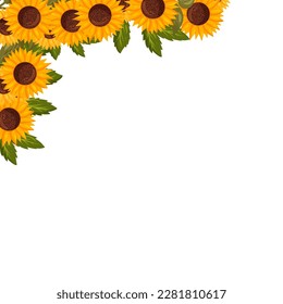 Spring square corner frame with sunflower flowers. Summer vector border isolated white background cartoon style.