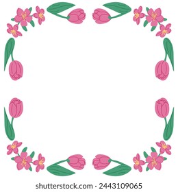 Spring square floral banner template with tulips isolated on white background. Frame template or design print with hand drawn spring flowers. Good for banner, background, social media graphics