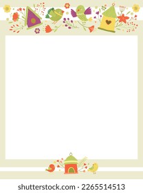 Spring square frame of bird houses with birds and flowers in vivid eye catching colors for gift cards 