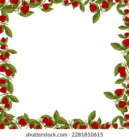 Spring square frame with raspberries and leaves. Summer vector border isolated white background cartoon style.