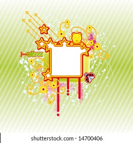 Spring square frame with some child related elements and flowers. All elements in separate layers