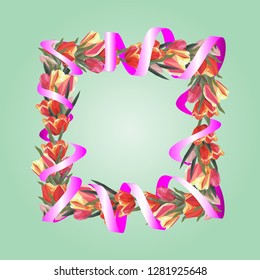 Spring square frame of tulips with ribbon 10 eps