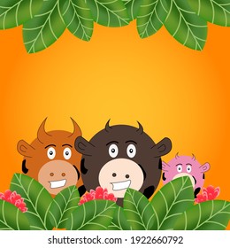Spring square pattern design of the poster. A smiling family of cows on a background of green leaves and red tulips. Suitable for sales, social networks, website banners. Vector illustration