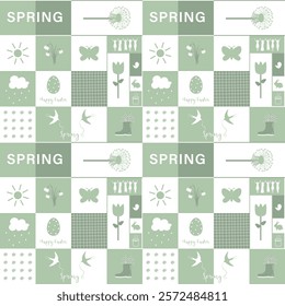 Spring Square Pattern. Seamless Geometric Print with Spring Elements. Chess Background. Spring Flowers, Easter Egg, Butterfly, Sun, Dandelion, Swallows, Women Silhouettes. Vector in Green, White