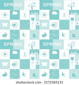 Spring Square Pattern. Seamless Geometric Print with Spring Elements. Chess Background. Spring Flowers, Easter Bunny, Snowdrop, Sun, Dandelion, Swallow, Women Silhouettes. Vector in Blue, White