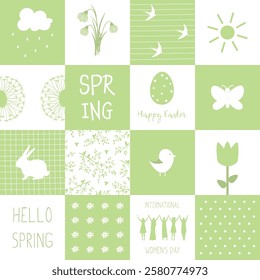 Spring Square Pattern. Seamless Geometric Print with Spring Elements. Chess Background. Spring Flowers, Easter Egg, Sun, Dandelion, Bird, Women Silhouettes. Vector in Green, White