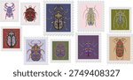 A spring stamp featuring a beetle and festive floral motifs in Art Nouveau style. Vector isolated element.