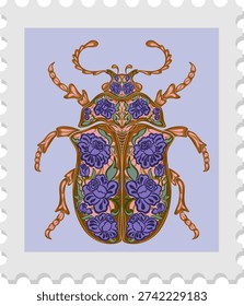 A spring stamp featuring a beetle and festive floral motifs in Art Nouveau style. Vector isolated element.