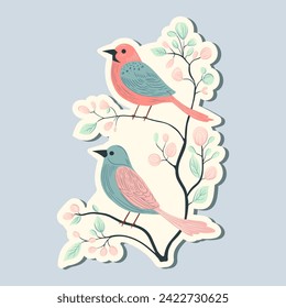 Spring sticker birds. Hand drawn style. Springtime element. Vector seasonal element.