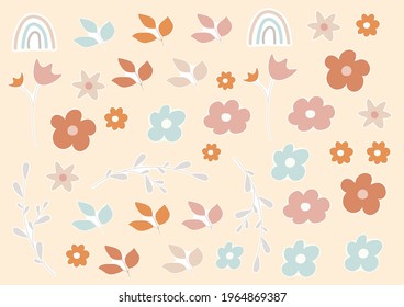 Spring sticker pack with Leaves , Flowers and Rainbow in retro style. Nude colors. Vector Design for card, print, book, kids story, scrapbooking 