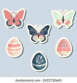 Spring stickers  butterflies and easter eggs. Hand drawn style. Springtime element. Vector seasonal element.